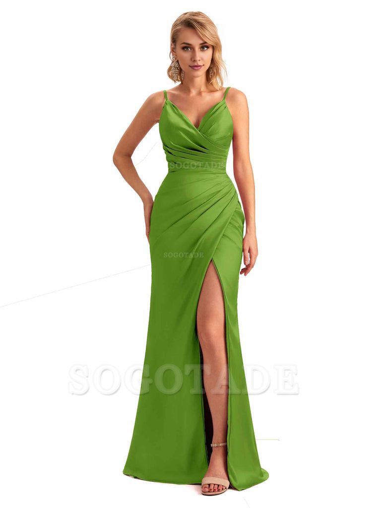 Sexy Side Slit V-Neck Mermaid Silky Satin Unique Long Formal Ladies Bridesmaid Dresses