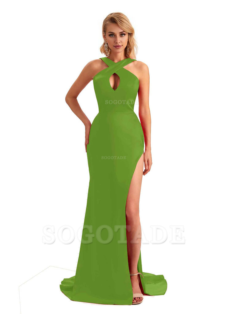 Sexy Side Slit Halter Mermaid Silky Satin Unique Long Formal Wedding Bridesmaid Dresses