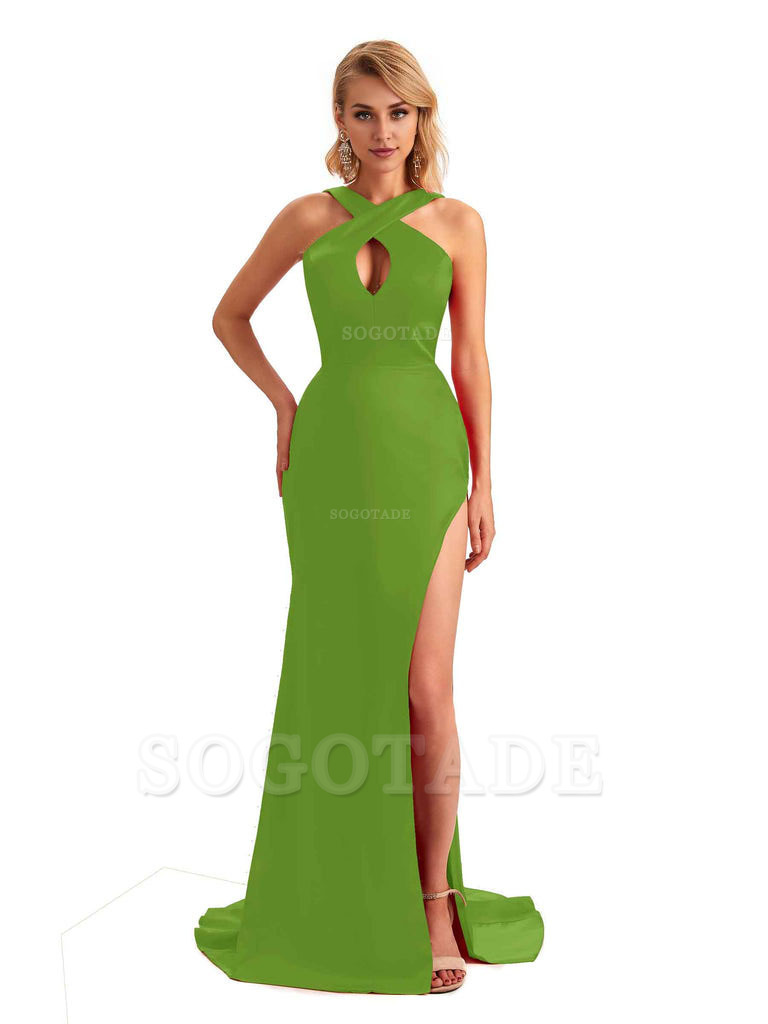 Sexy Side Slit Halter Mermaid Silky Satin Unique Long Formal Wedding Bridesmaid Dresses