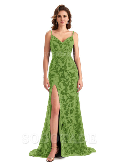 Sexy Side Slit Spaghetti Straps V-Neck Mermaid Floral Velvet Long Bridesmaid Dresses