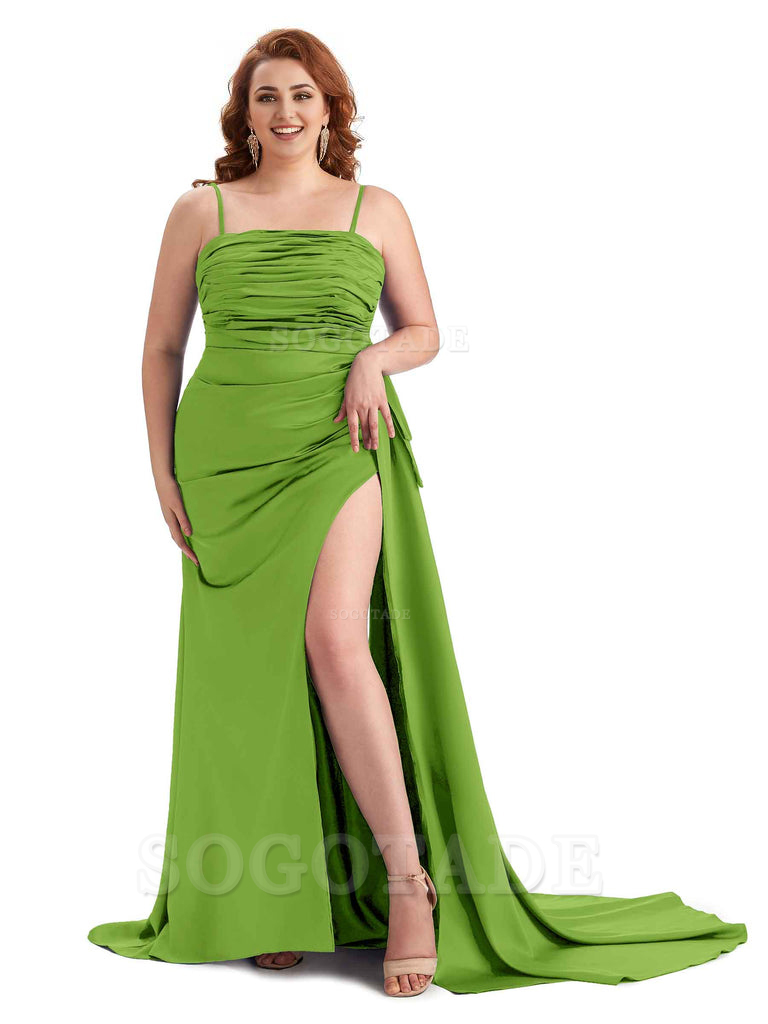 Sexy Side Slit Spaghetti Straps Mermaid Soft Satin Long Plus Size Bridesmaid Dresses Online