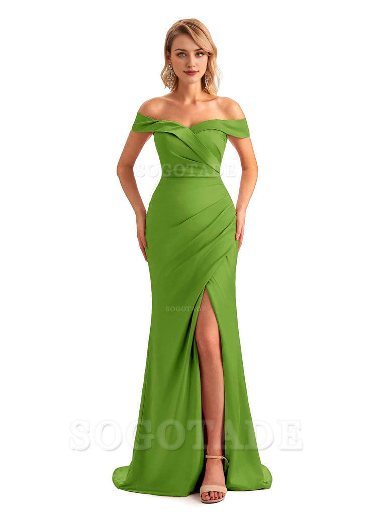 Off Shoulder Side Slit Mermaid Silky Satin Unique Long Formal Wedding Guest Dresses Online