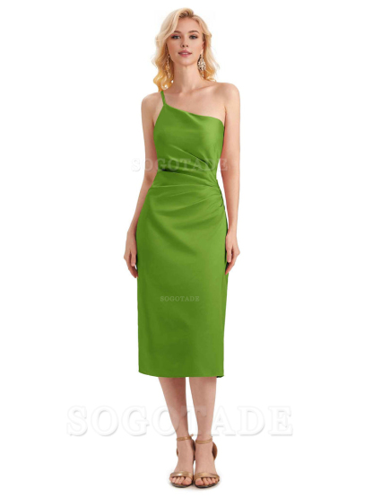 Sexy Soft Satin Side Slit One Shoulder Satin Midi Bridesmaid Dresses Online