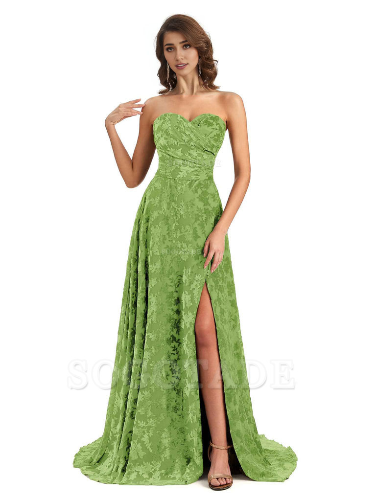 Sexy Side Slit Strapless Floral Velvet Sweetheart Long Bridesmaid Dresses