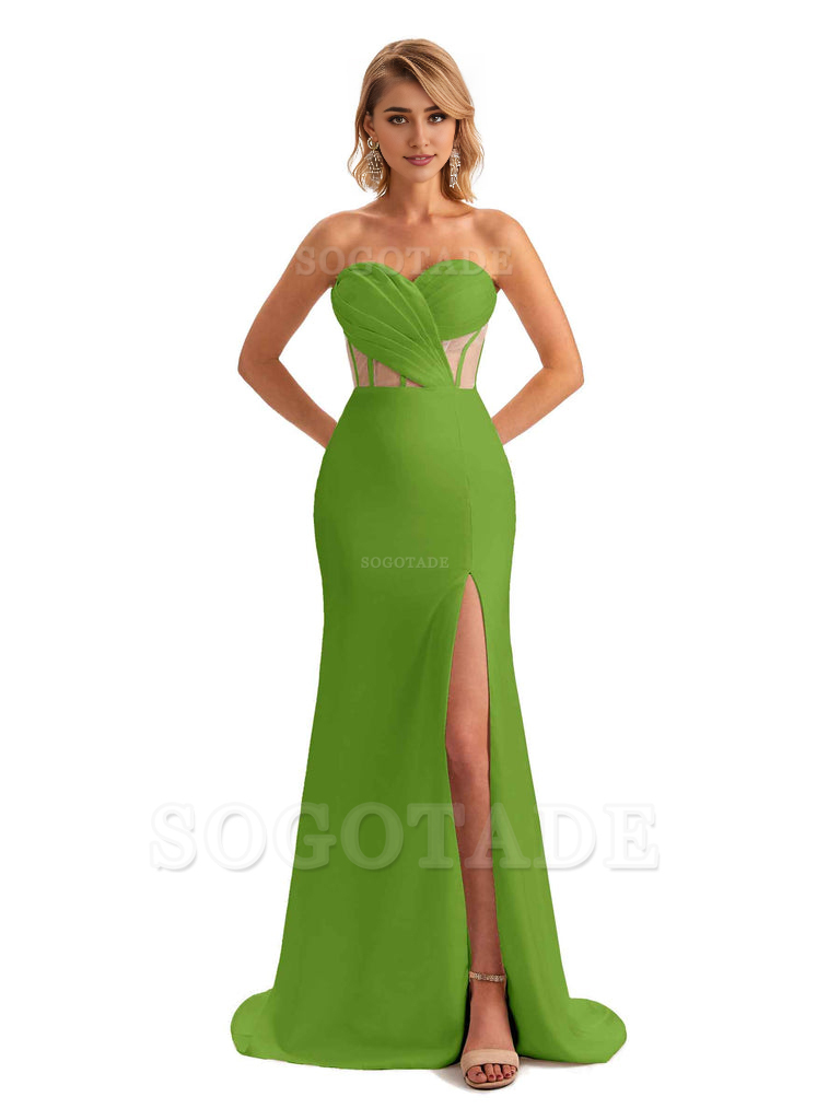 Sexy Sweetheart Strapless Side Slit Mermaid Soft Satin Unique Long Bridesmaid Dress For Wedding
