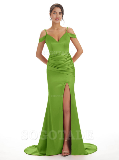 Mermaid Off The Shoulder Satin formal dresses evening gown Bridesmaid Dresses With Side Slit 