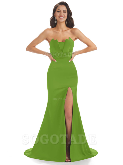 Mermaid sleeveless Satin formal dresses evening gown Bridesmaid Dresses With Side Slit 