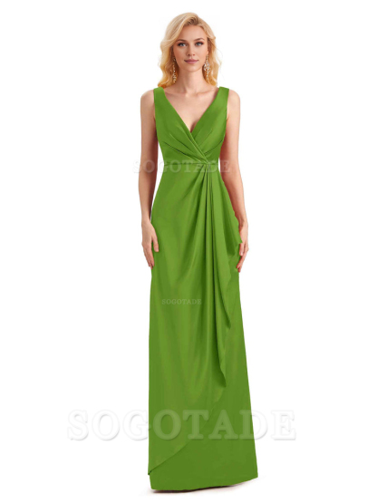 V Neck Elegant Soft Satin Formal Long Maid Bridesmaid Dresses Formal Wear Dresses