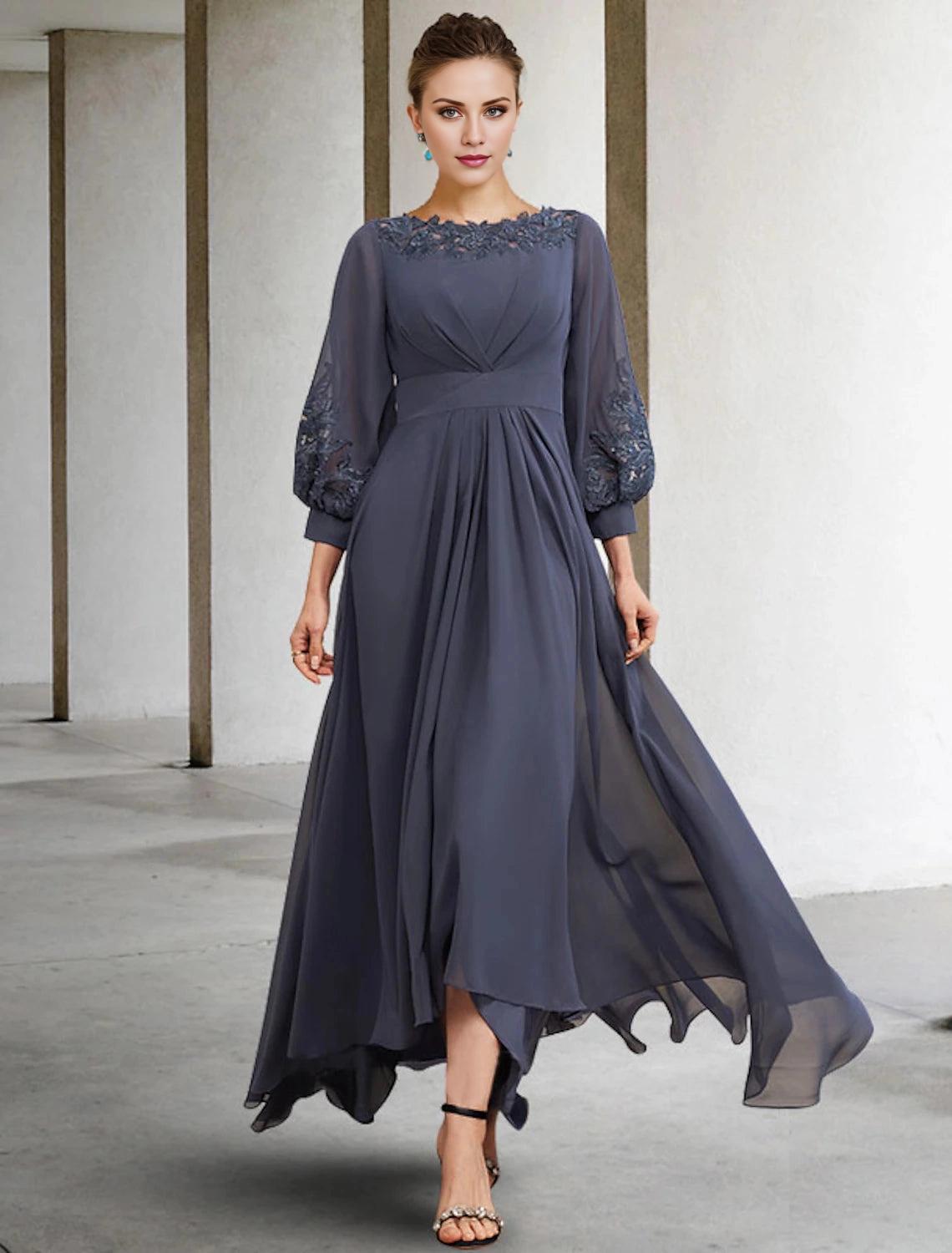A-Line Mother of the Bride Dress Plus Size Elegant High Low Jewel Neck Asymmetrical Floor Length Chiffon Lace Half Sleeve with Pleats Appliques Side-Draped-SOGOTADE