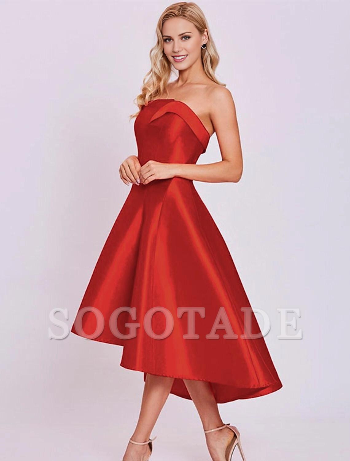 A-Line Cocktail Dresses Minimalist Dress Homecoming Wedding Guest Tea Length Sleeveless Strapless Satin with Sleek-SOGOTADE