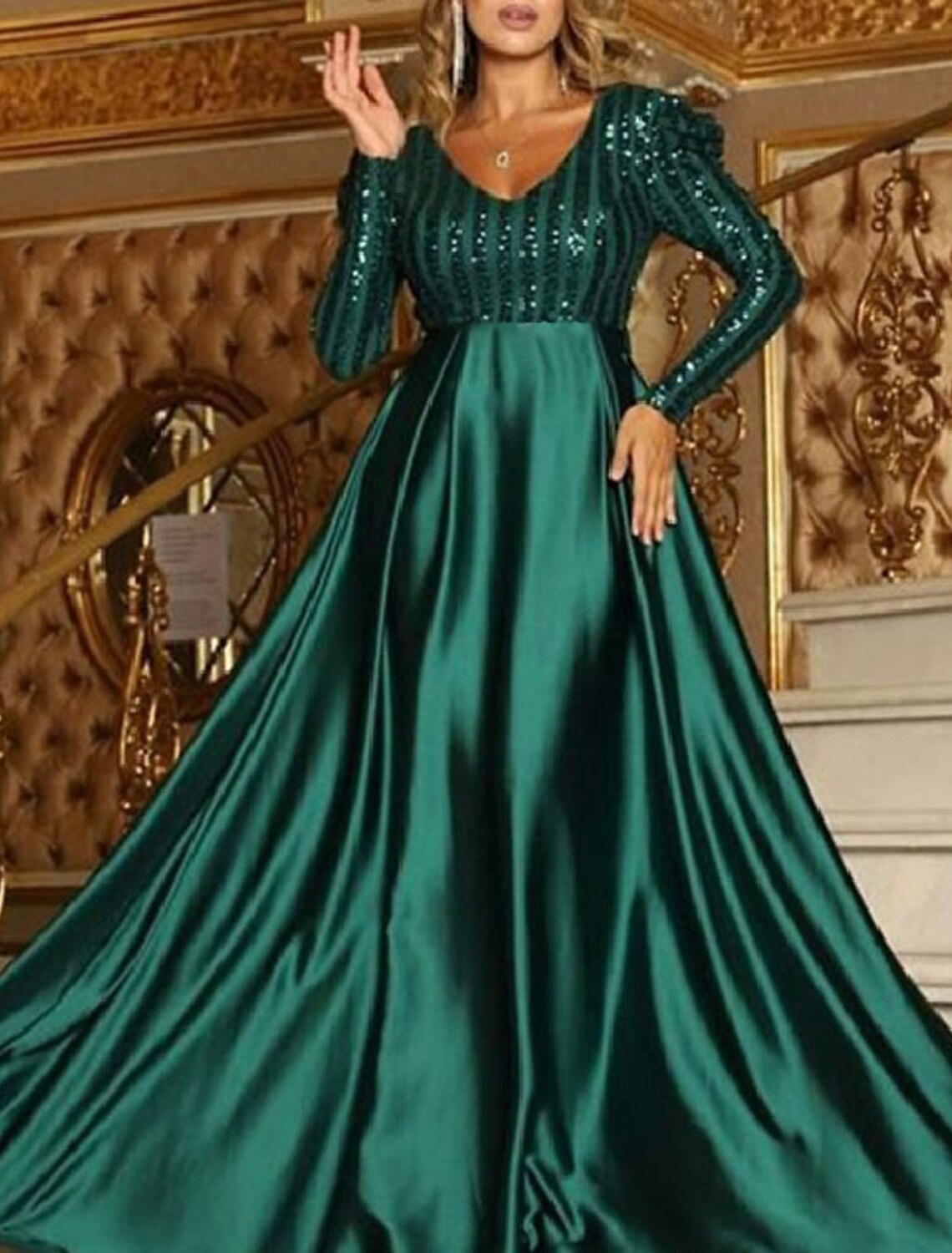 A-Line Evening Gown Sexy Dress Wedding Guest Engagement Court Train Long Sleeve V Neck Polyester with Sash / Ribbon Splicing-SOGOTADE