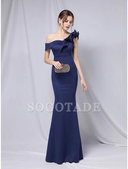 Mermaid Party Dress Evening Gown Empire Dress Wedding Guest Formal Evening Floor Length Short Sleeve One Shoulder Stretch Satin with Ruffles
