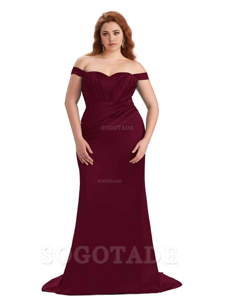 Sexy Mermaid Off The Shoulder Sweetheart Soft Satin Floor Length Long Plus Size Maid of Honor Dresses