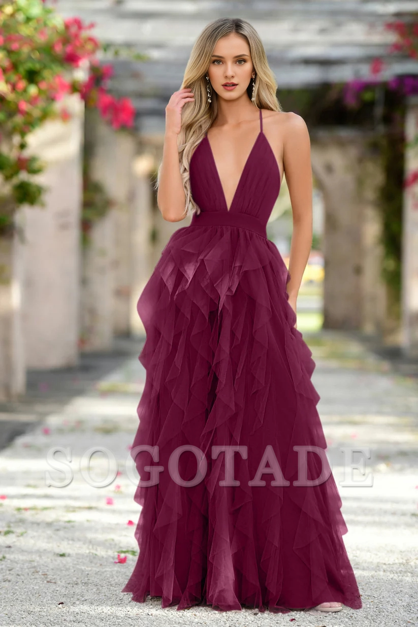 Sleeveless V-neck slim shoulder strap pleated bust, backless cross dress