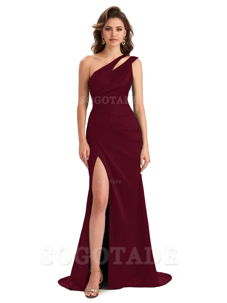 Mermaid One Shoulder Satin Sexy formal dresses evening gown Bridesmaid Dresses With Side Slit 