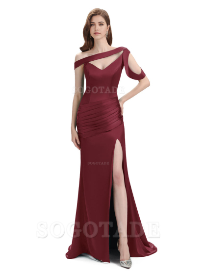Mermaid V-Neck Satin Floor-Length formal dresses evening gown Bridesmaid Dresses With Side Slit 