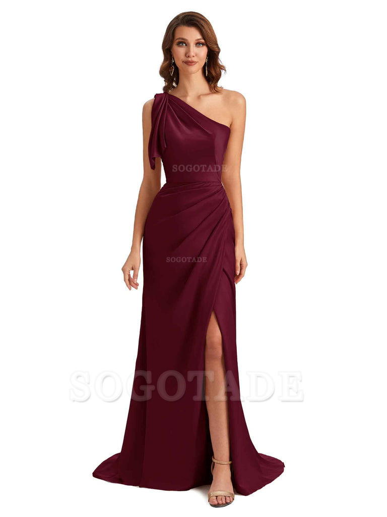 Sexy One Shoulder Mermaid Side Slit Unique Silky Satin Bridesmaid Dresses 