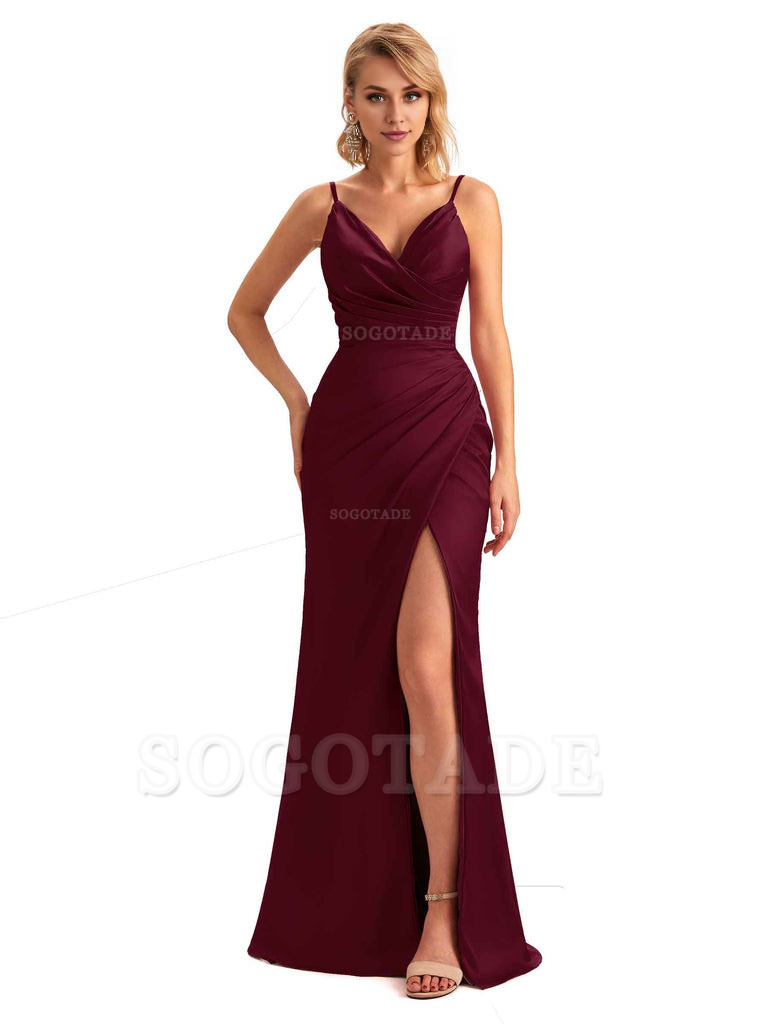 Sexy Side Slit V-Neck Mermaid Silky Satin Unique Long Formal Ladies Bridesmaid Dresses