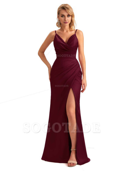 Sexy Side Slit V-Neck Mermaid Silky Satin Unique Long Formal Ladies Bridesmaid Dresses