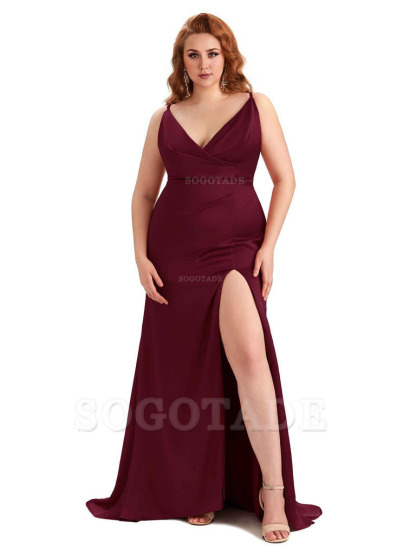 Sexy Side Slit Spaghetti Straps Mermaid Soft Satin Fashion Bridesmaid Dresses