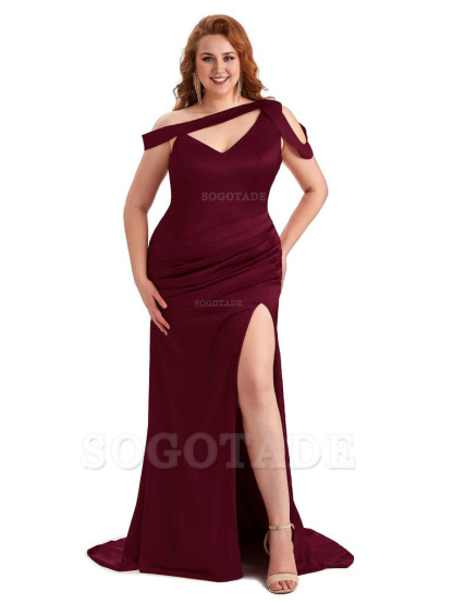 Sexy V-Neck Side Slit Unique Mermaid Soft Satin Long Plus Size Bridesmaid Dress For Wedding