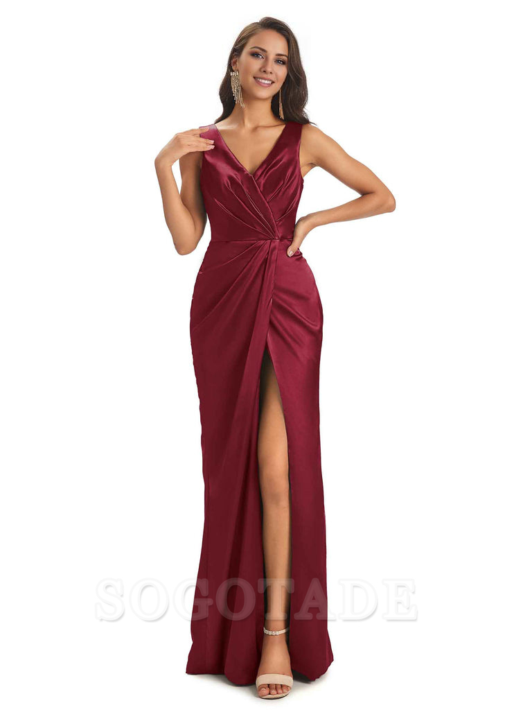 V-Neck Unique Long Satin Bridesmaid Dresses with Front Slit