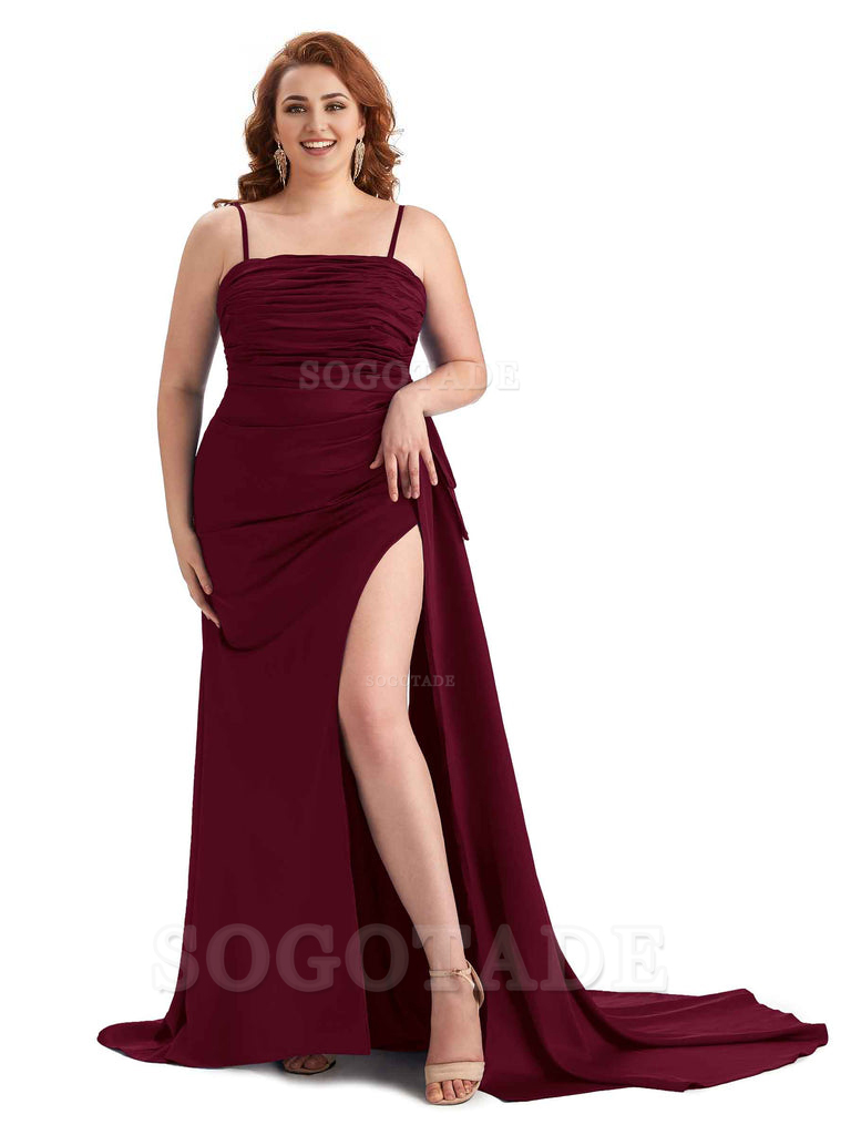 Sexy Side Slit Spaghetti Straps Mermaid Soft Satin Long Plus Size Bridesmaid Dresses Online