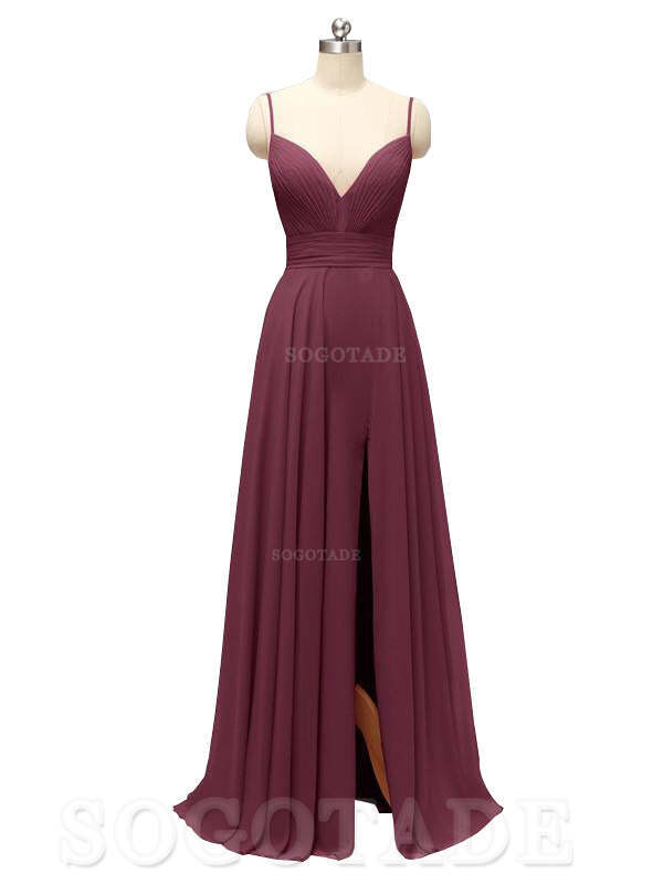 Honest Chiffon Spaghetti Straps Slit Long Bridesmaid Dresses prom shop dresses