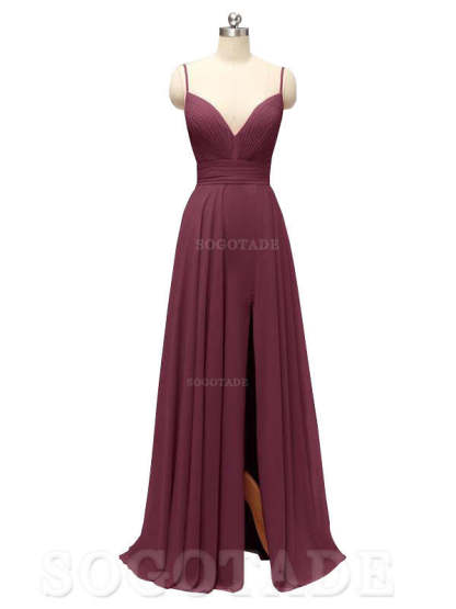 Honest Chiffon Spaghetti Straps Slit Long Bridesmaid Dresses prom shop dresses