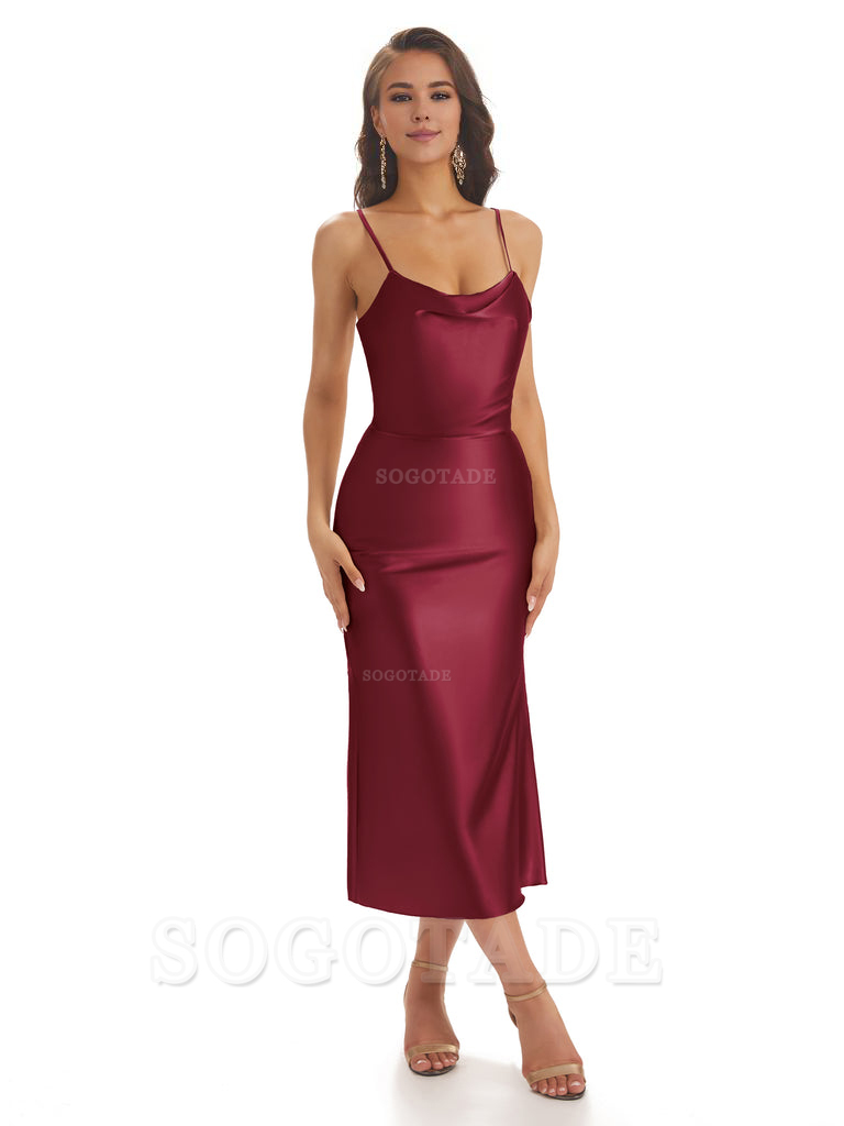 Sexy Soft Satin Spaghetti Strap Tea-Length Midi Short Bridesmaid Dresses prom shop dresses