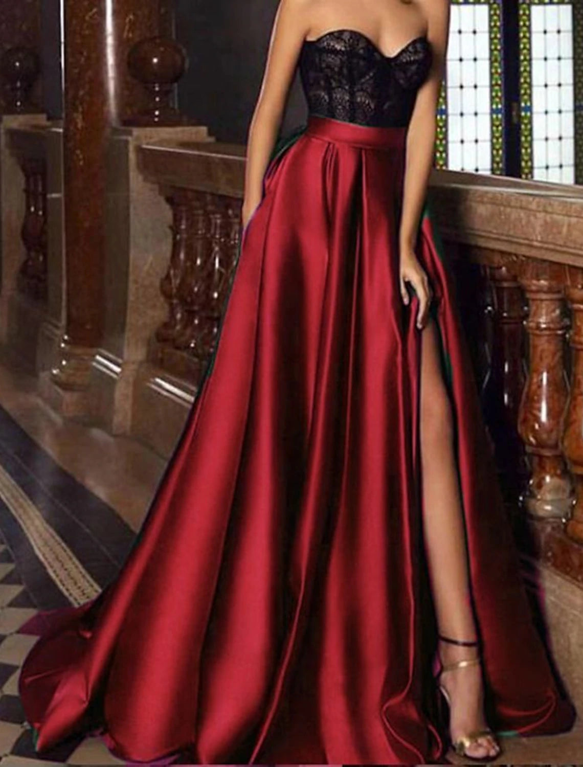 A-Line Evening Gown Vintage Dress Christmas Red Green Dress Engagement Court Train Sleeveless Sweetheart Pocket Satin with Slit Embroidery Pocket 2024-SOGOTADE
