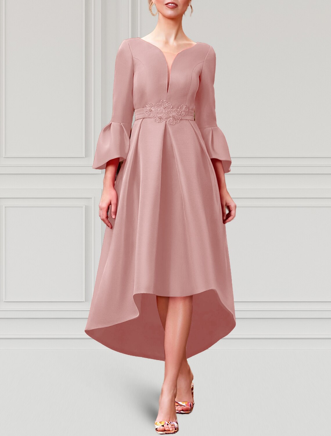 A-Line Cocktail Dresses Elegant Dress Formal Wedding Guest Asymmetrical 3/4 Length Sleeve V Neck Satin with Pleats 2024-SOGOTADE