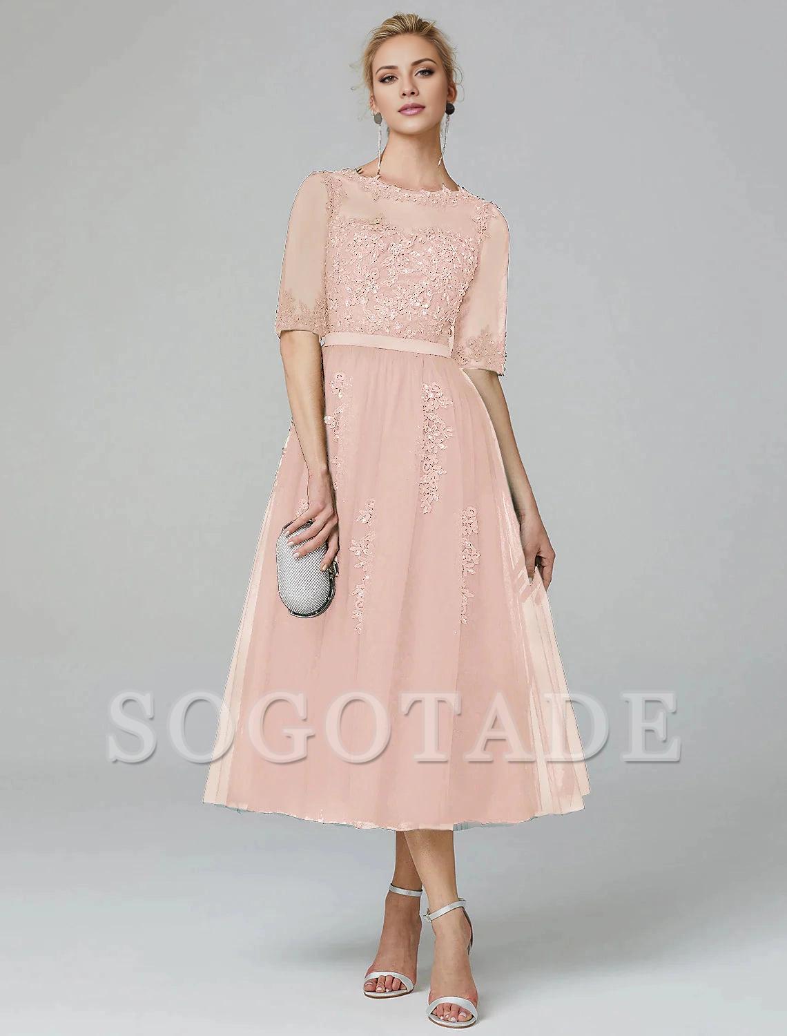 A-Line Cocktail Dress Christmas Red Green Dress Formal Evening Kentucky Derby Tea Length Sleeveless Illusion Neck Fall Wedding Guest Lace Over Tulle with Sequin Appliques-SOGOTADE