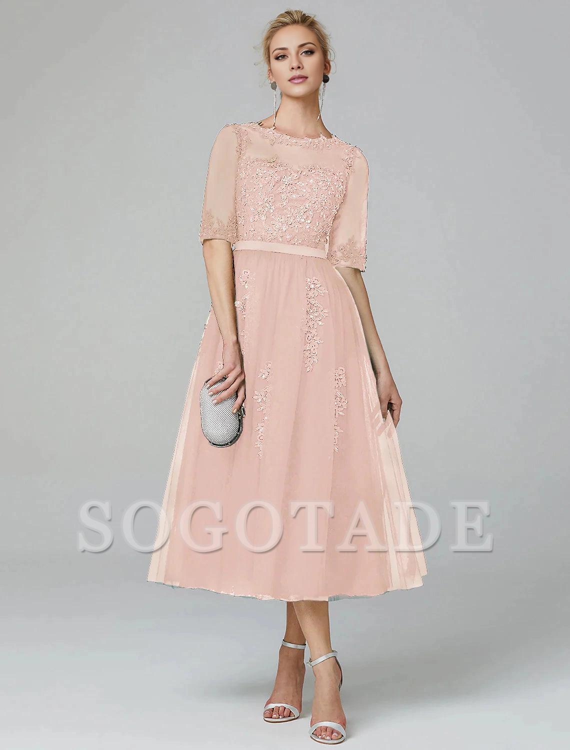 A-Line Cocktail Dress Christmas Red Green Dress Formal Evening Kentucky Derby Tea Length Sleeveless Illusion Neck Fall Wedding Guest Lace Over Tulle with Sequin Appliques-SOGOTADE