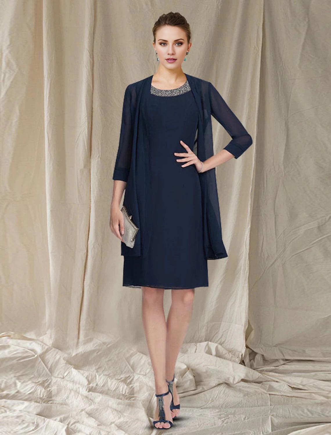 Two Piece Sheath / Column Mother of the Bride Dress Elegant Jewel Neck Knee Length Chiffon Sleeveless Jacket Dresses with Beading Sequin