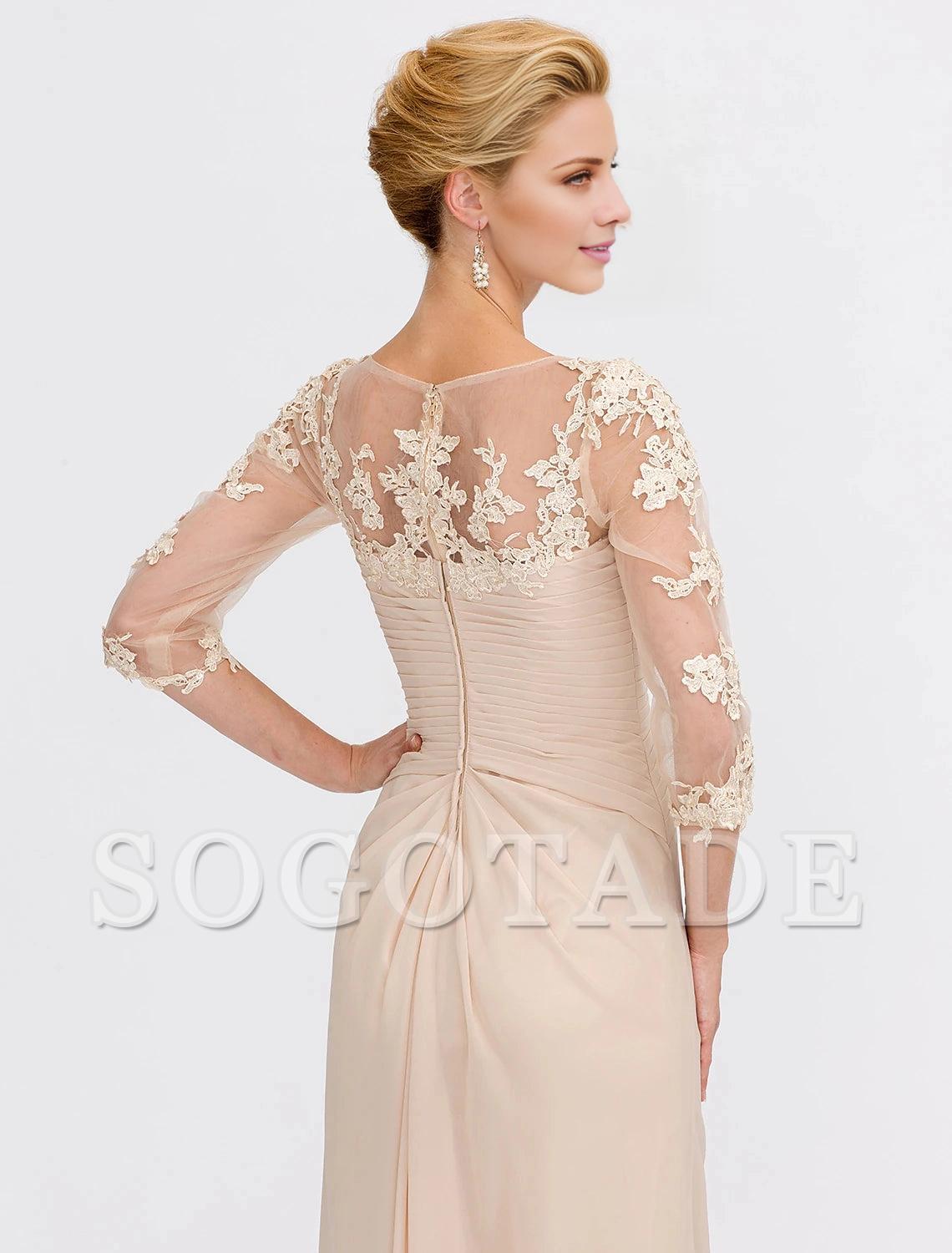 A-Line Mother of the Bride Dress Fall Wedding Guest Dresses Plus Size Elegant See Through V Neck Floor Length Chiffon Half Sleeve with Appliques Side Draping-SOGOTADE