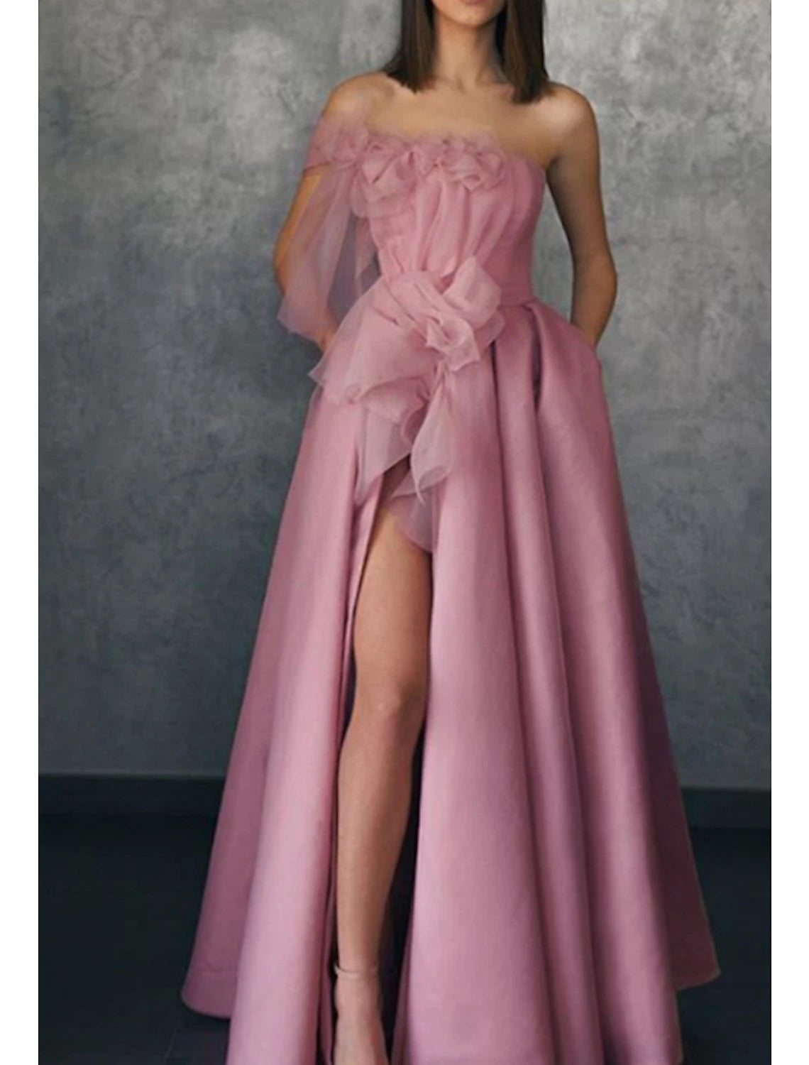 A-Line Floral Prom Formal Evening Birthday Dress One Shoulder Sleeveless Floor Length Stretch Satin with Appliques Split Front 2024-SOGOTADE