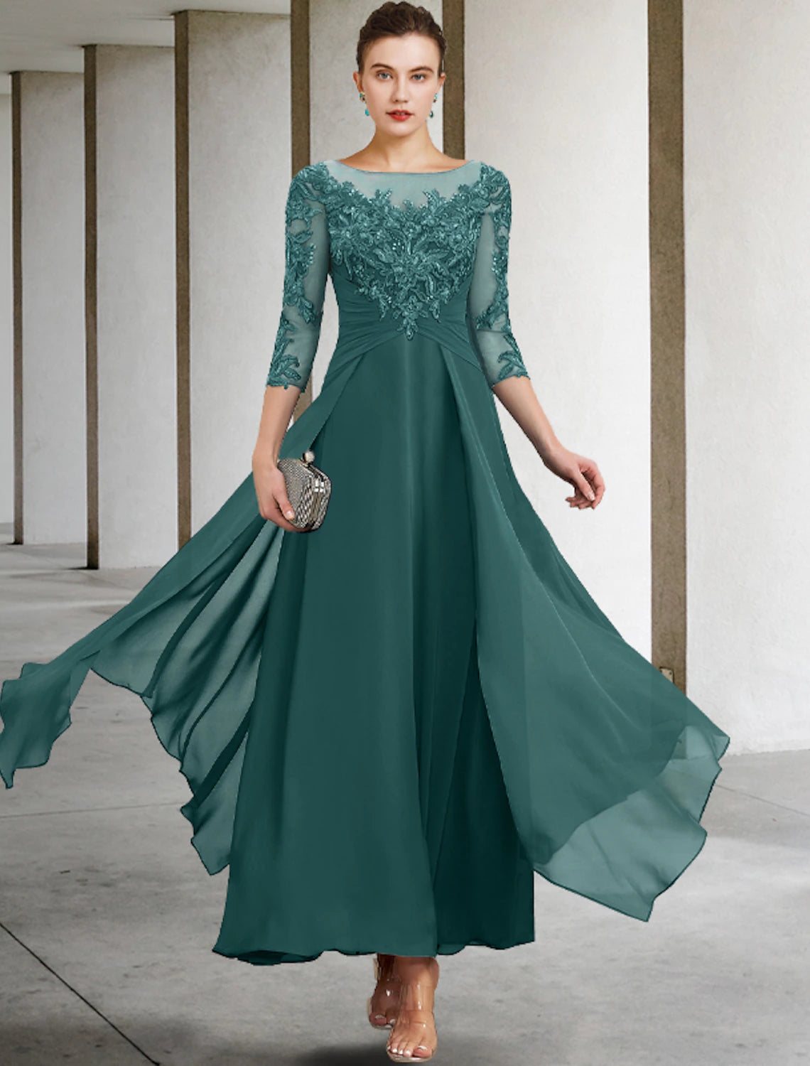 A-Line Mother of the Bride Dress Wedding Guest Elegant Plus Size Jewel Neck Ankle Length Chiffon Lace 3/4 Length Sleeve with Ruched Sequin Appliques-SOGOTADE
