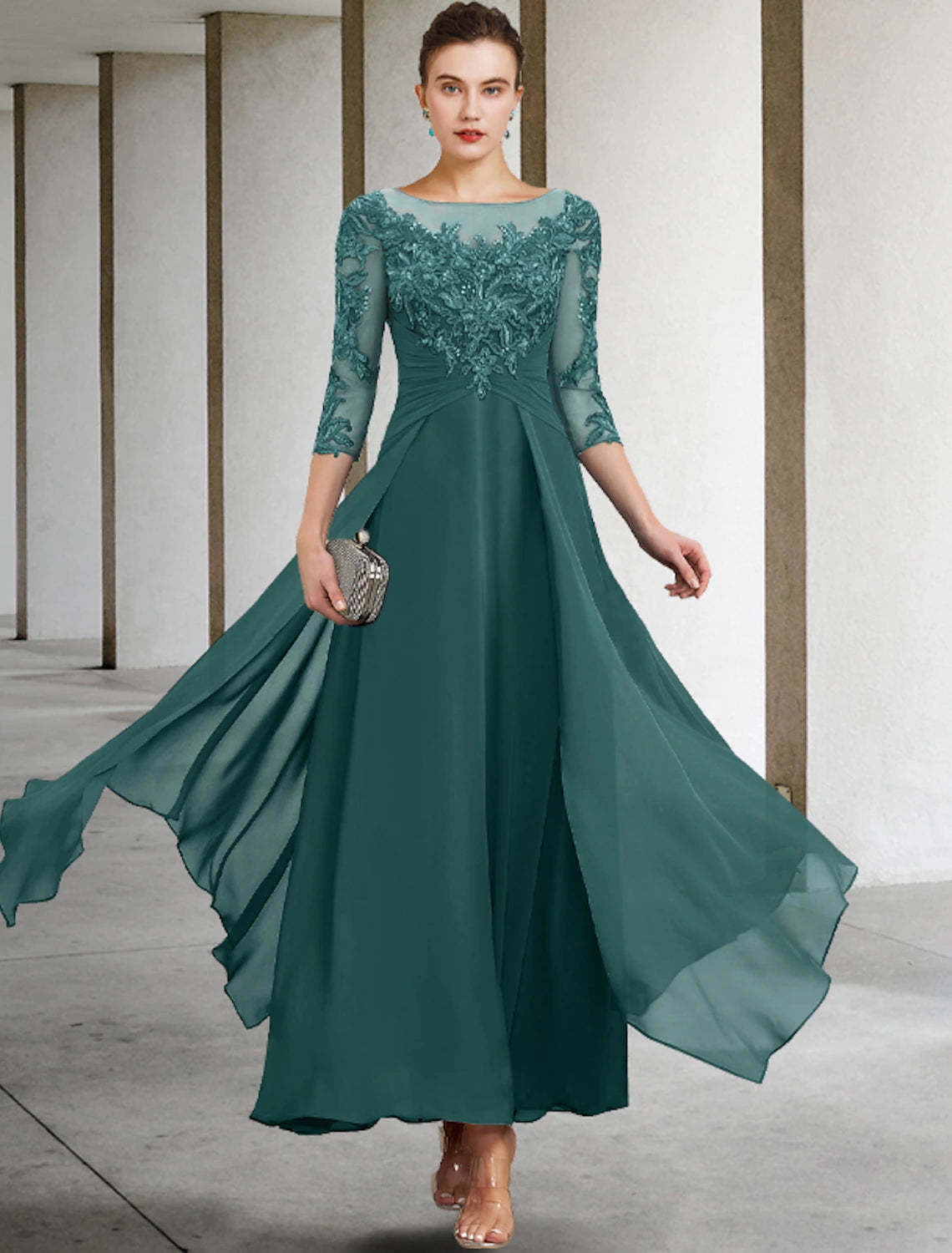 A-Line Mother of the Bride Dress Wedding Guest Elegant Plus Size Jewel Neck Ankle Length Chiffon Lace 3/4 Length Sleeve with Ruched Sequin Appliques-SOGOTADE