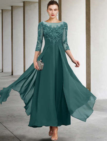 A-Line Mother of the Bride Dress Wedding Guest Elegant Plus Size Jewel Neck Ankle Length Chiffon Lace 3/4 Length Sleeve with Ruched Sequin Appliques-SOGOTADE