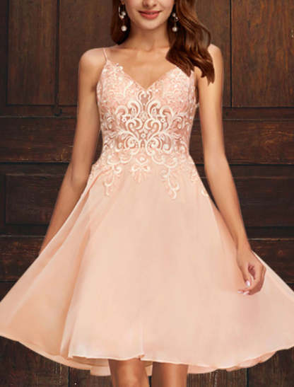 A-Line Cocktail Party Dress Plus Size Dress Homecoming Graduation Short / Mini Sleeveless V Neck Pink Dress Tulle with Appliques 2024-SOGOTADE