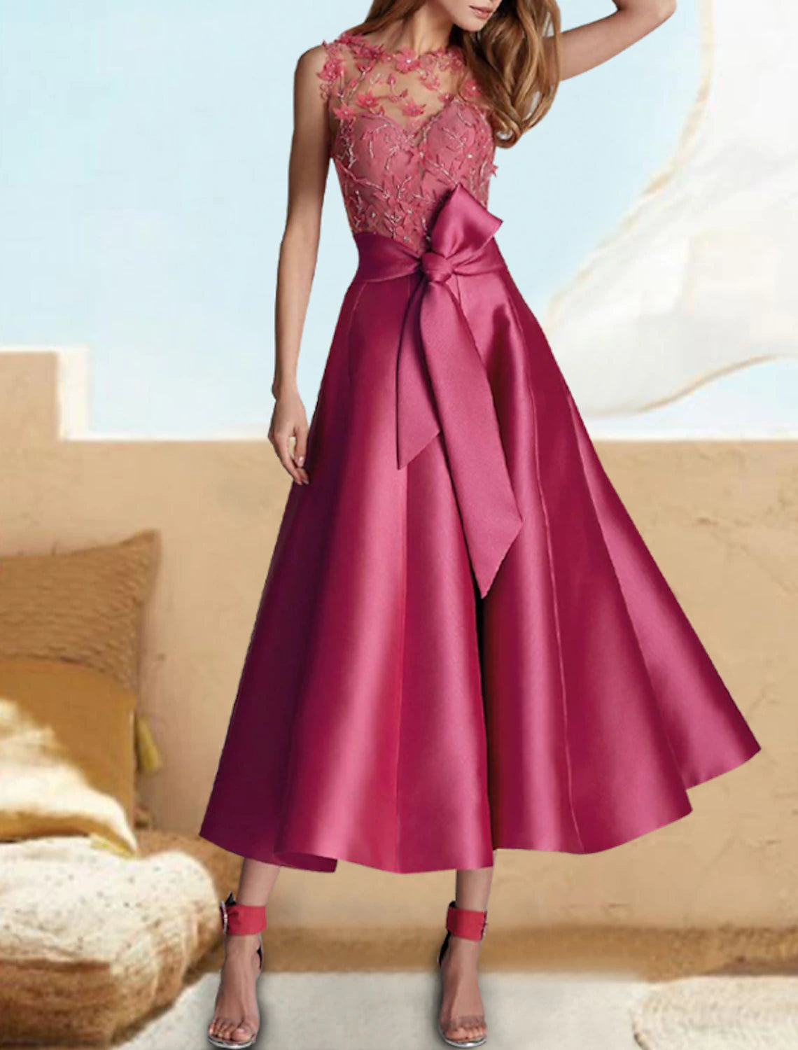 A-Line Cocktail Dresses Floral Dress Formal Wedding Guest Tea Length Sleeveless Jewel Neck Fall Wedding Guest Satin with Sash / Ribbon Appliques 2024-SOGOTADE