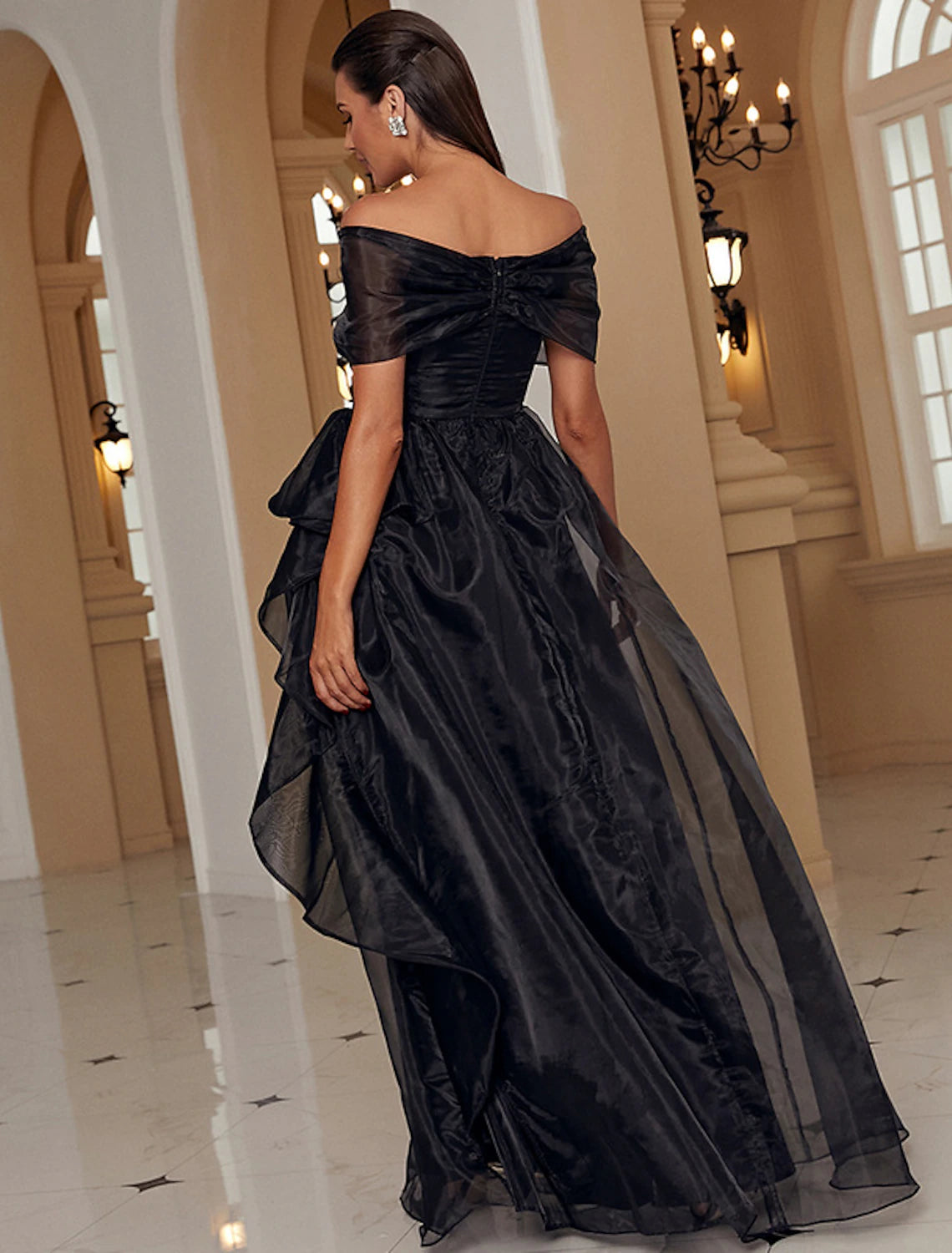 A-Line Evening Gown Sexy Dress Formal Floor Length Short Sleeve Off Shoulder Wednesday Addams Family Polyester with Ruffles Slit-SOGOTADE