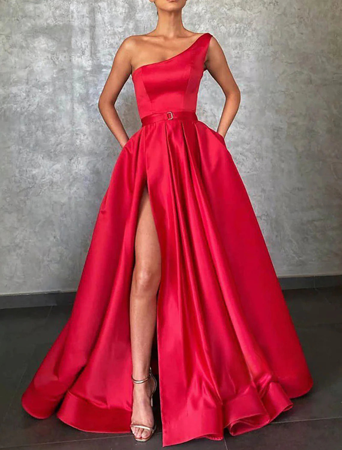 A-Line Evening Gown Celebrity Style Dress Christmas Red Green Dress Formal Wedding Sweep / Brush Train Sleeveless One Shoulder Belt / Sash Satin with Pleats Slit-SOGOTADE