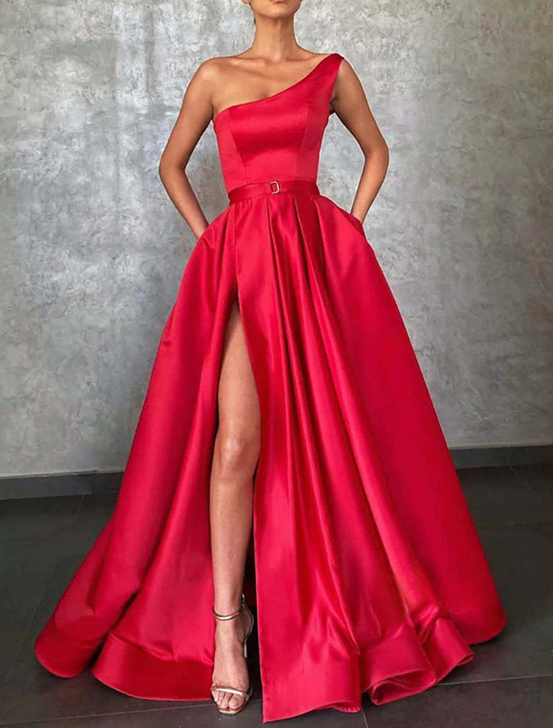 A-Line Evening Gown Celebrity Style Dress Christmas Red Green Dress Formal Wedding Sweep / Brush Train Sleeveless One Shoulder Belt / Sash Satin with Pleats Slit-SOGOTADE