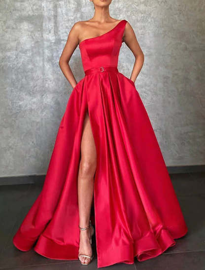 A-Line Evening Gown Celebrity Style Dress Christmas Red Green Dress Formal Wedding Sweep / Brush Train Sleeveless One Shoulder Belt / Sash Satin with Pleats Slit-SOGOTADE