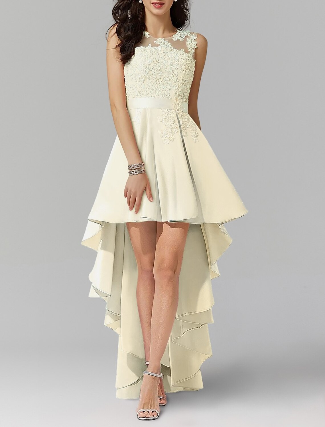 A-Line Homecoming Dresses High Low Dress Graduation Cocktail Party Asymmetrical Sleeveless Jewel Neck Chiffon with Appliques-SOGOTADE