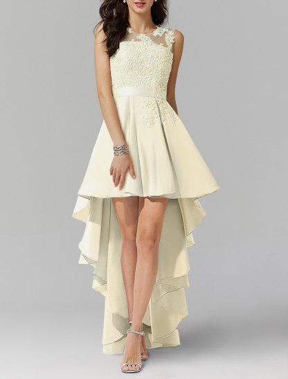 A-Line Homecoming Dresses High Low Dress Graduation Cocktail Party Asymmetrical Sleeveless Jewel Neck Chiffon with Appliques-SOGOTADE