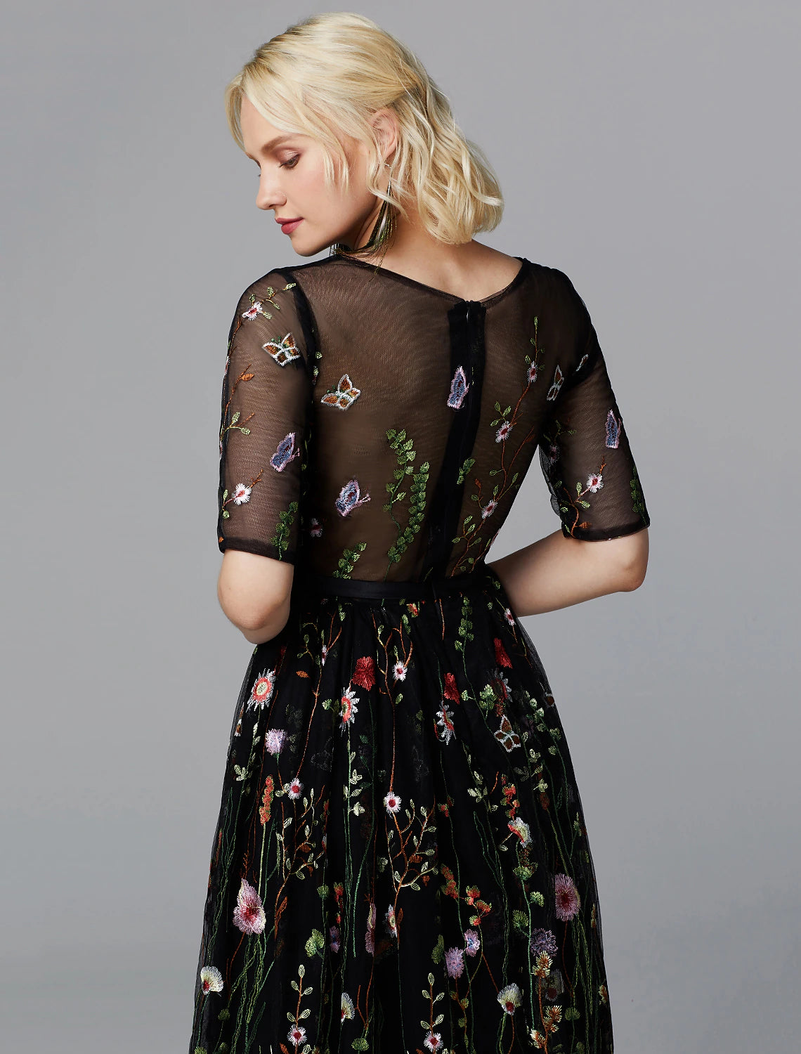 A-Line Floral Dress Wedding Guest Holiday Tea Length Half Sleeve Illusion Neck Lace with Embroidery Appliques-SOGOTADE