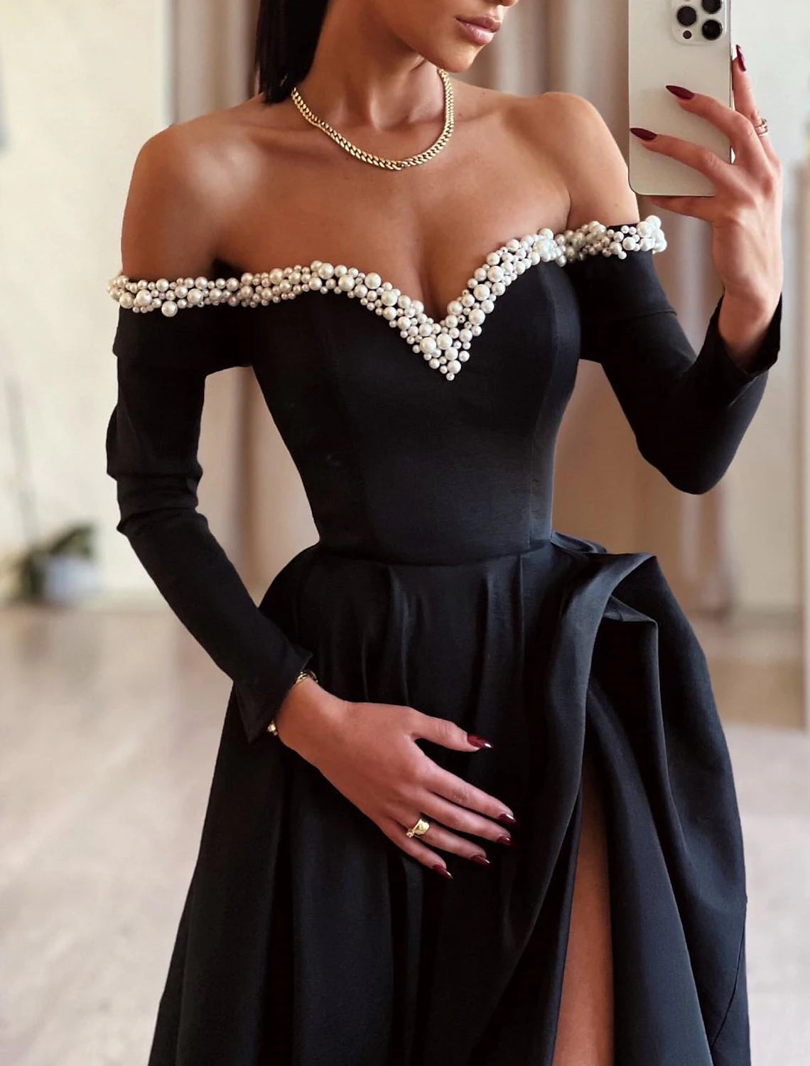 A-Line Evening Gown Black Dress Dress Formal Masquerade Sweep / Brush Train Long Sleeve Off Shoulder Satin with Pearls Slit 2024-SOGOTADE